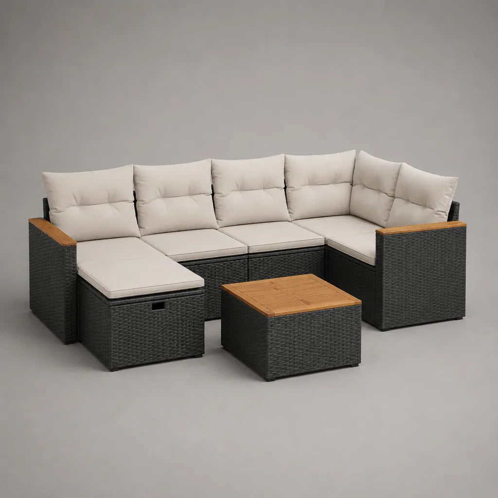 Salon de jardin modulable 6 places en résine tressée anthracite avec coussins beiges et table basse, 240 × 180 × 75 cm