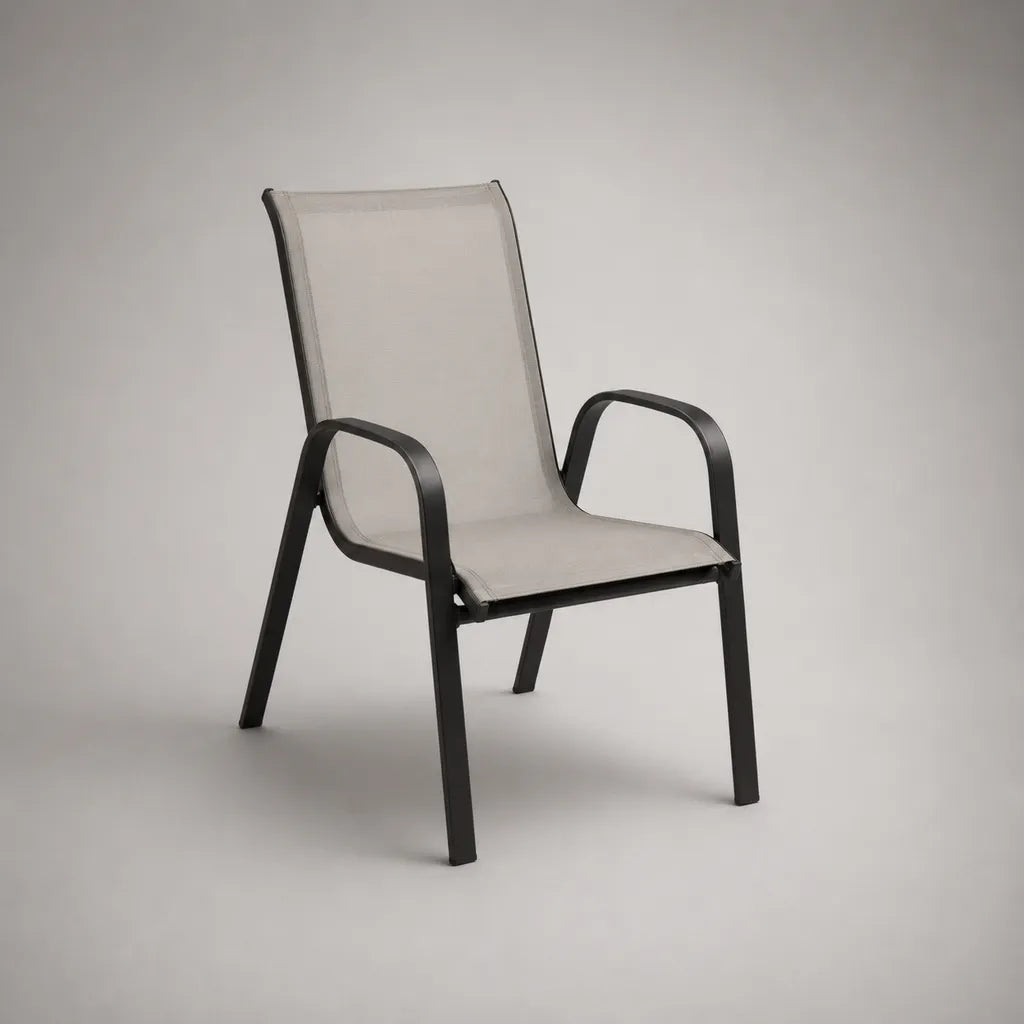 Chaise de jardin avec accoudoirs en acier thermolaqué et toile polyester enduite de PVC, gris clair et anthracite, 55 × 73 × 92 cm