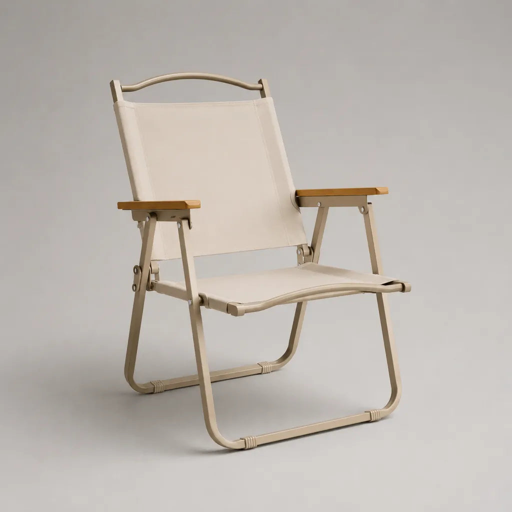 Chaise de jardin pliante beige en aluminium et polyester avec accoudoirs en bambou, 60 x 65 x 87 cm