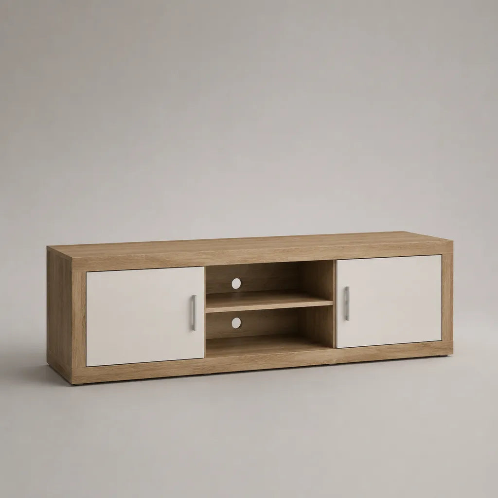 Meuble TV bas rectangulaire en panneaux de particules, chêne naturel et blanc, 2 portes et 2 niches, 140 × 40 × 50 cm