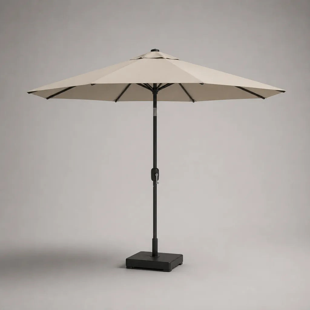 Parasol extérieur carré inclinable 300 × 300 cm en polyester beige avec mât en acier anthracite et pied