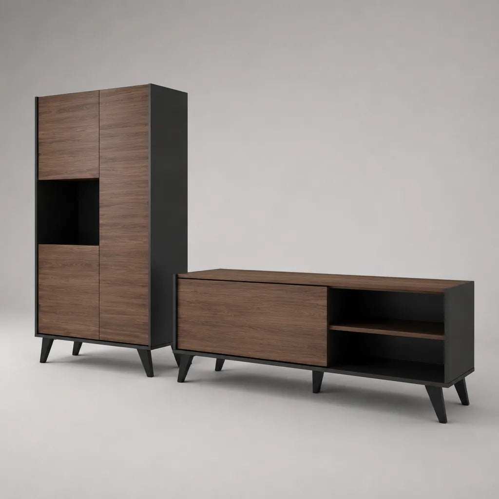Ensemble meuble TV et armoire de rangement en panneaux de particules et acier, noyer brun et noir, 160 × 40 × 55 cm et 80 × 40 × 180 cm