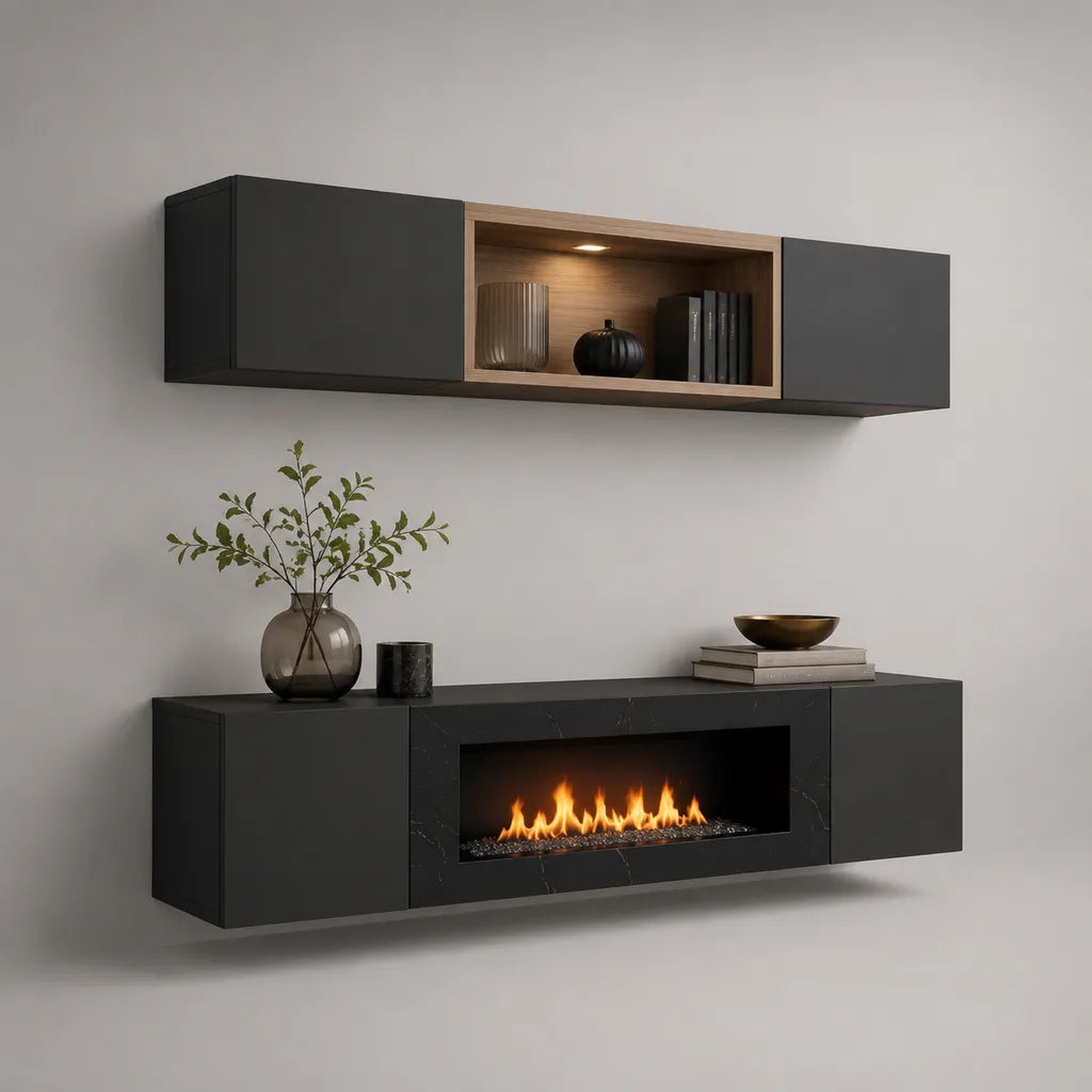 Ensemble meuble TV mural 2 éléments avec cheminée électrique, noir et chêne, 240 x 40 x 60 cm et 220 x 32 x 45 cm