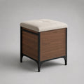 Banc coffre de rangement carré en métal, bois et tissu beige, 45 × 45 × 52 cm