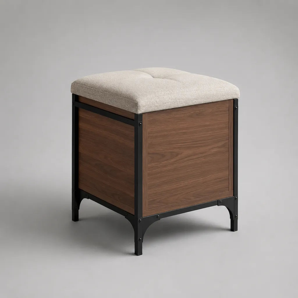 Banc coffre de rangement carré en métal, bois et tissu beige, 45 × 45 × 52 cm