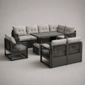 Salon de jardin extérieur 6 pièces, 8 places, en aluminium et corde polypropylène, anthracite et gris clair, table 140 × 75 × 68 cm
