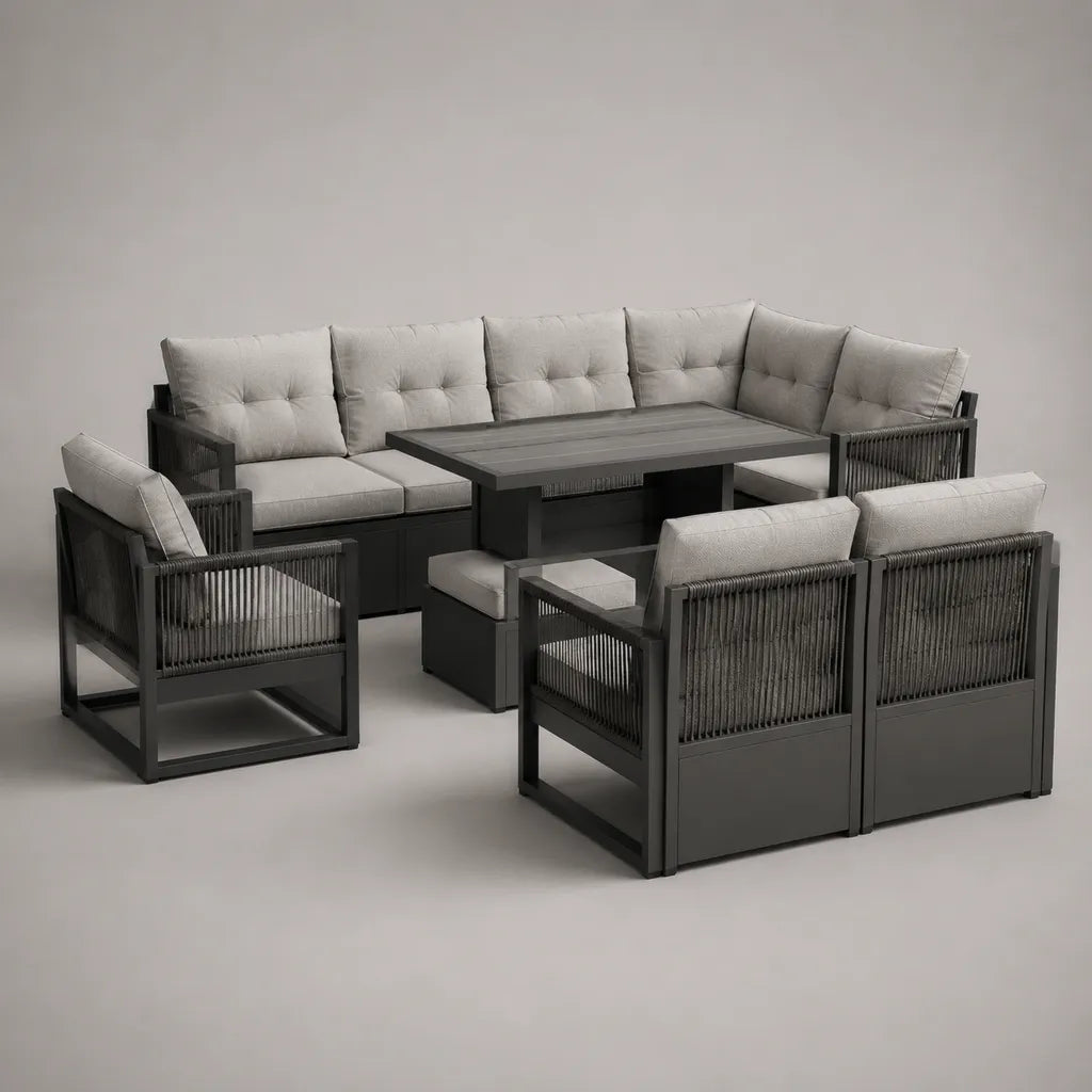 Salon de jardin extérieur 6 pièces, 8 places, en aluminium et corde polypropylène, anthracite et gris clair, table 140 × 75 × 68 cm