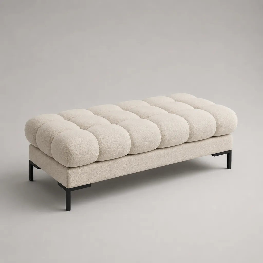 Banc bout de lit rembourré en tissu bouclé blanc cassé avec pieds en acier noir, 140 × 60 × 50 cm