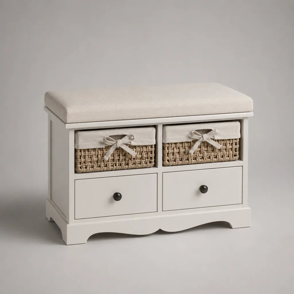 Banc de rangement rembourré en bois blanc cassé et beige avec 2 tiroirs et 2 paniers, 76 × 35 × 52 cm