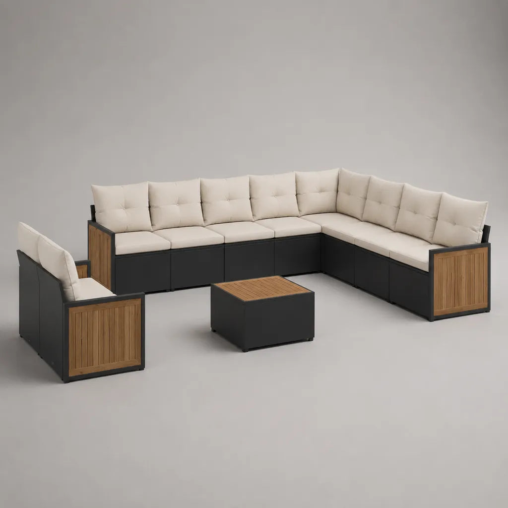 Salon de jardin 8 places avec canapé d’angle, fauteuil et table basse en acier et bois massif, noir, beige et marron, 305 × 225 × 78 cm