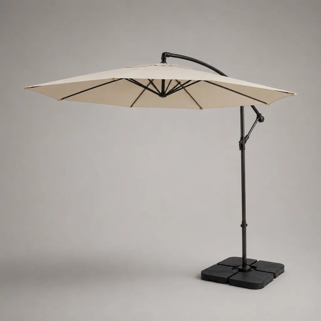 Parasol déporté rond en polyester et acier, beige et noir, Ø 300 × H 250 cm