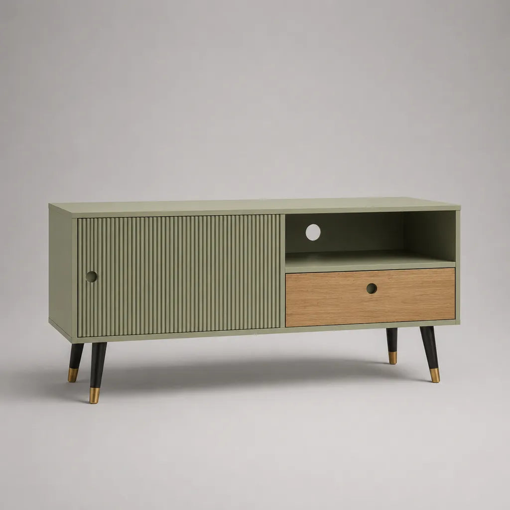Meuble TV bas en bois avec porte coulissante et tiroir, vert sauge et chêne naturel, 120 × 40 × 65 cm