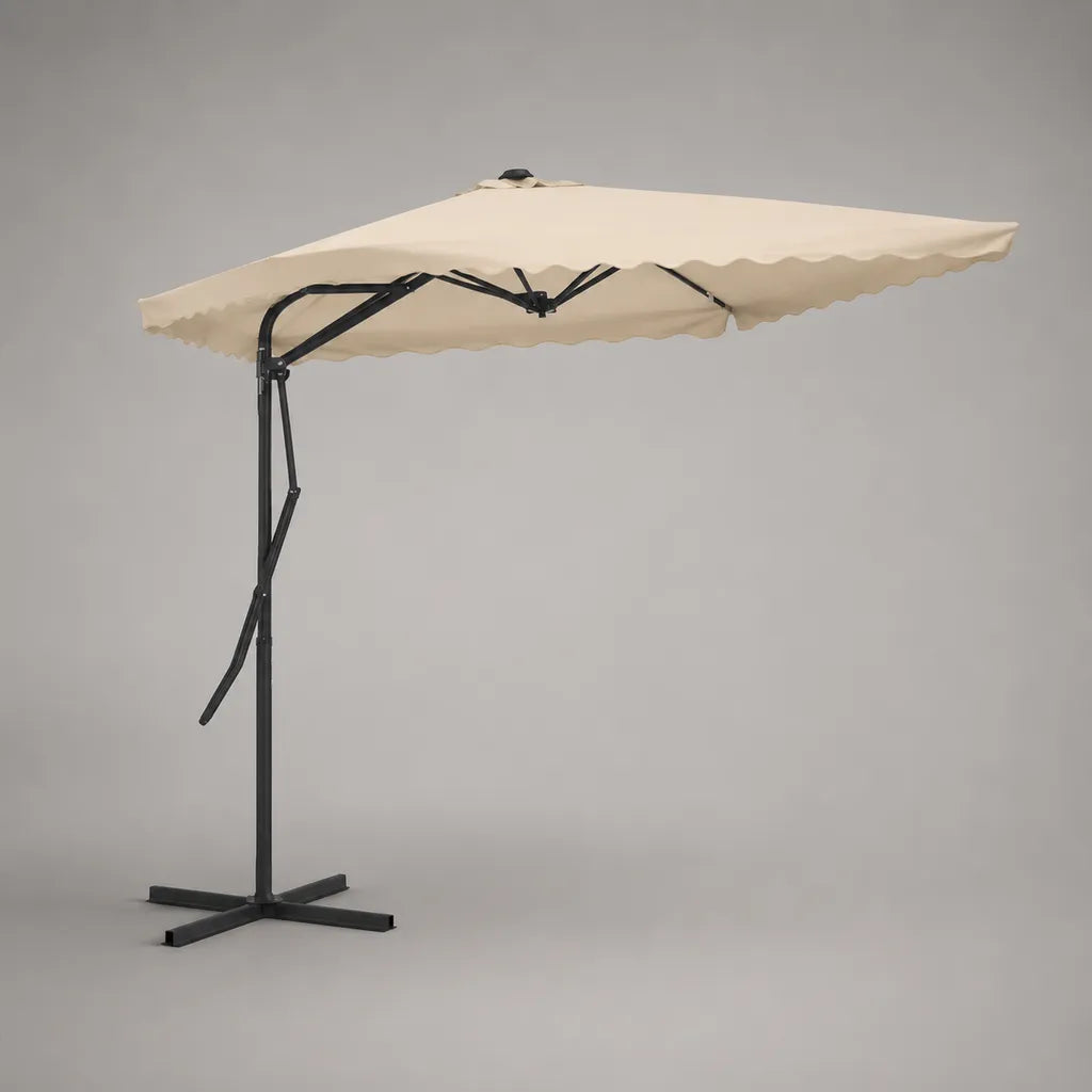 Parasol déporté carré inclinable 3 × 3 m en polyester beige avec structure en acier noir, hauteur 2,5 m