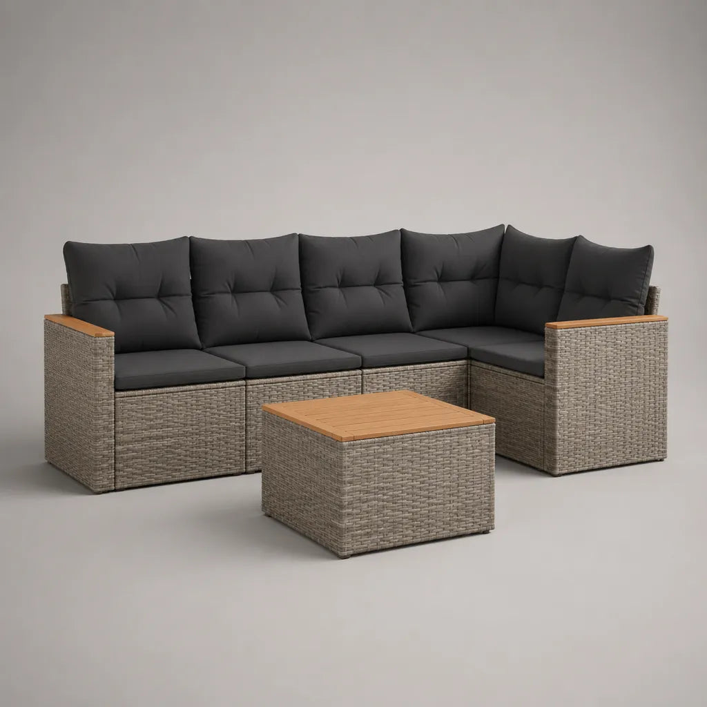 Ensemble canapé de jardin d’angle 5 places avec table basse en résine tressée gris taupe, anthracite et brun clair, 245 × 175 × 75 cm