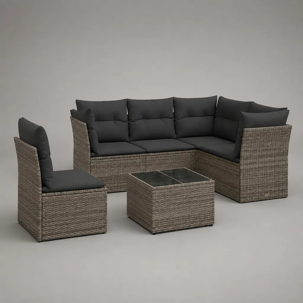 Ensemble de jardin 4 pièces et 4 places avec canapé d’angle 3 places, fauteuil et table basse en résine tressée taupe, coussins anthracite, 190 × 180 × 74 cm
