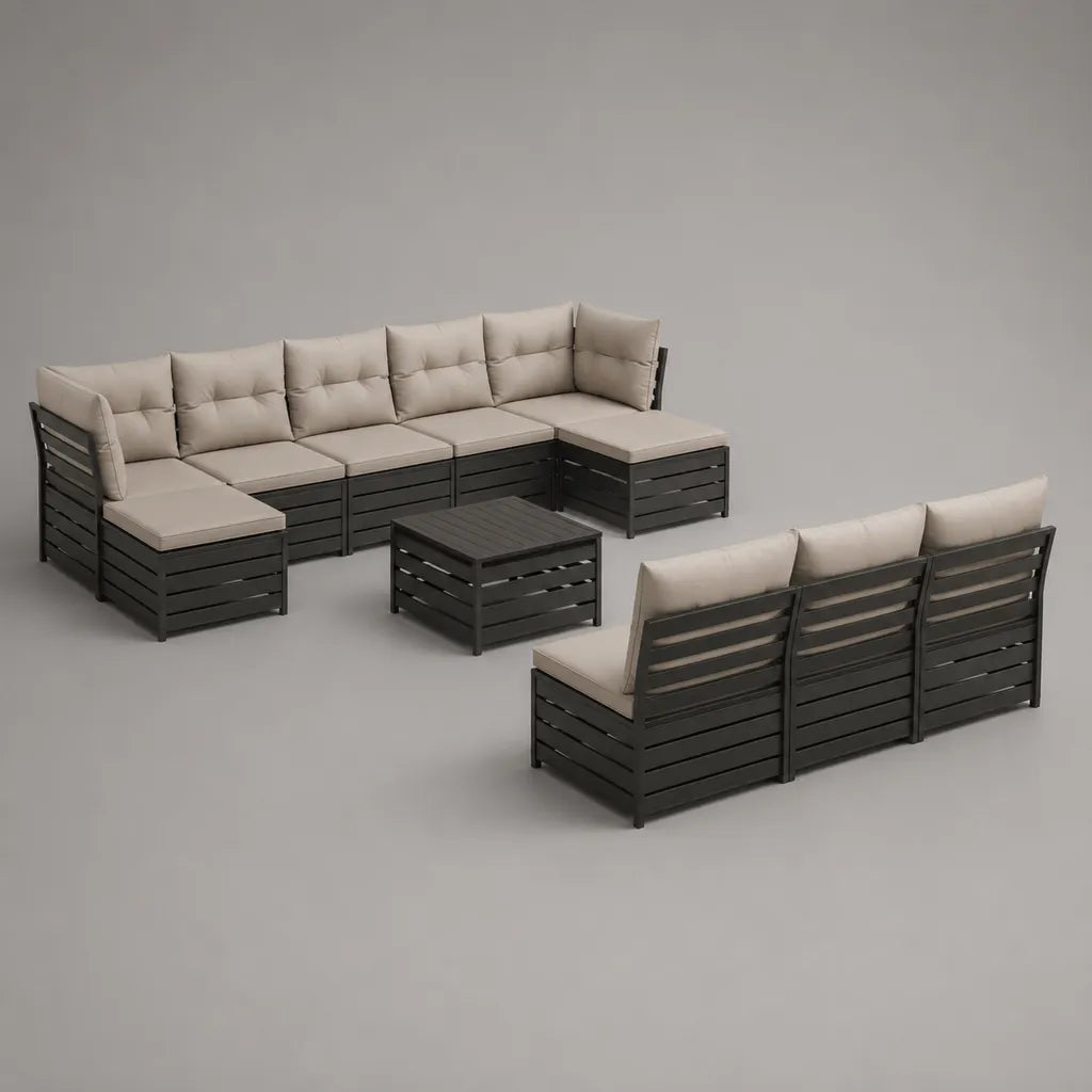 Salon de jardin modulable 10 pièces en aluminium anthracite avec coussins beiges, modules 68 × 68 × 65 cm et table 68 × 68 × 35 cm
