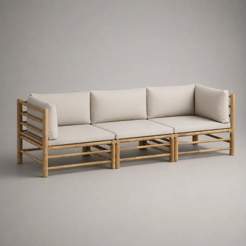Canapé de jardin modulable 3 places en 3 modules, structure en bambou massif, coussins beiges, 216 × 78 × 74 cm