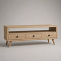 Meuble TV bas rectangulaire en MDF plaqué chêne naturel avec 3 tiroirs et niche ouverte, 120 x 40 x 58 cm