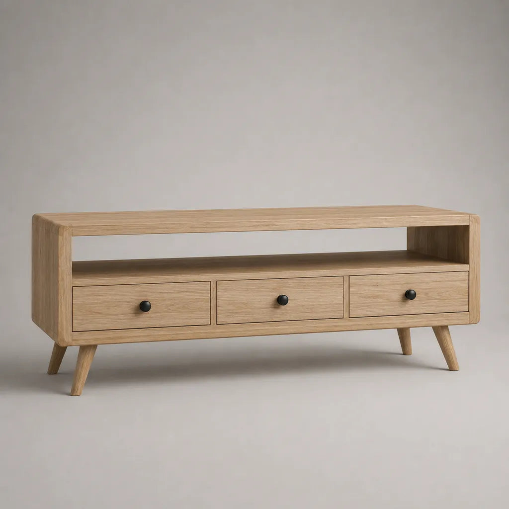 Meuble TV bas rectangulaire en MDF plaqué chêne naturel avec 3 tiroirs et niche ouverte, 120 x 40 x 58 cm