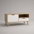 Meuble TV bas en panneaux de particules et MDF, 1 porte, 1 tiroir et 1 niche, chêne clair et blanc, 100 × 35 × 60 cm