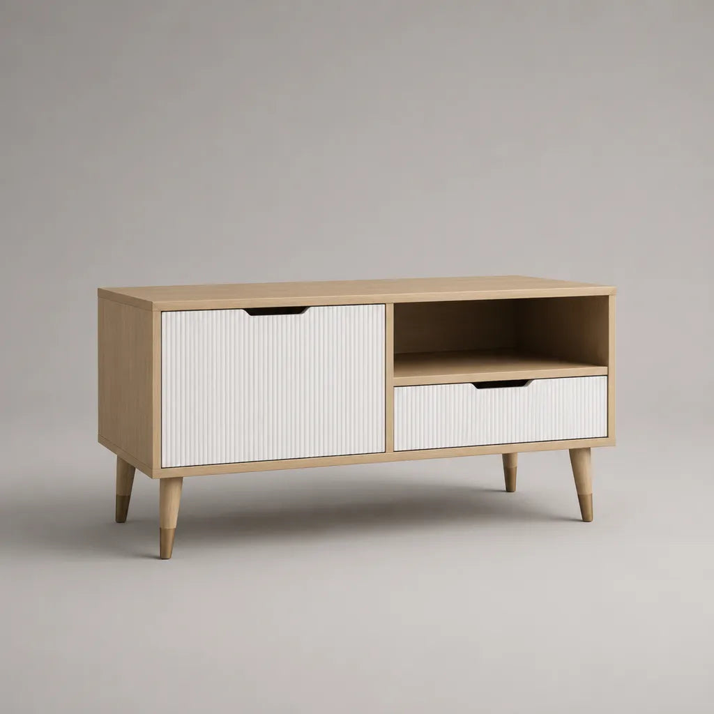 Meuble TV bas en panneaux de particules et MDF, 1 porte, 1 tiroir et 1 niche, chêne clair et blanc, 100 × 35 × 60 cm