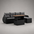 Salon de jardin extérieur 6 places avec canapé d’angle, table rectangulaire et 2 tabourets en résine tressée noire et polyester gris, 237 × 181 × 74 cm