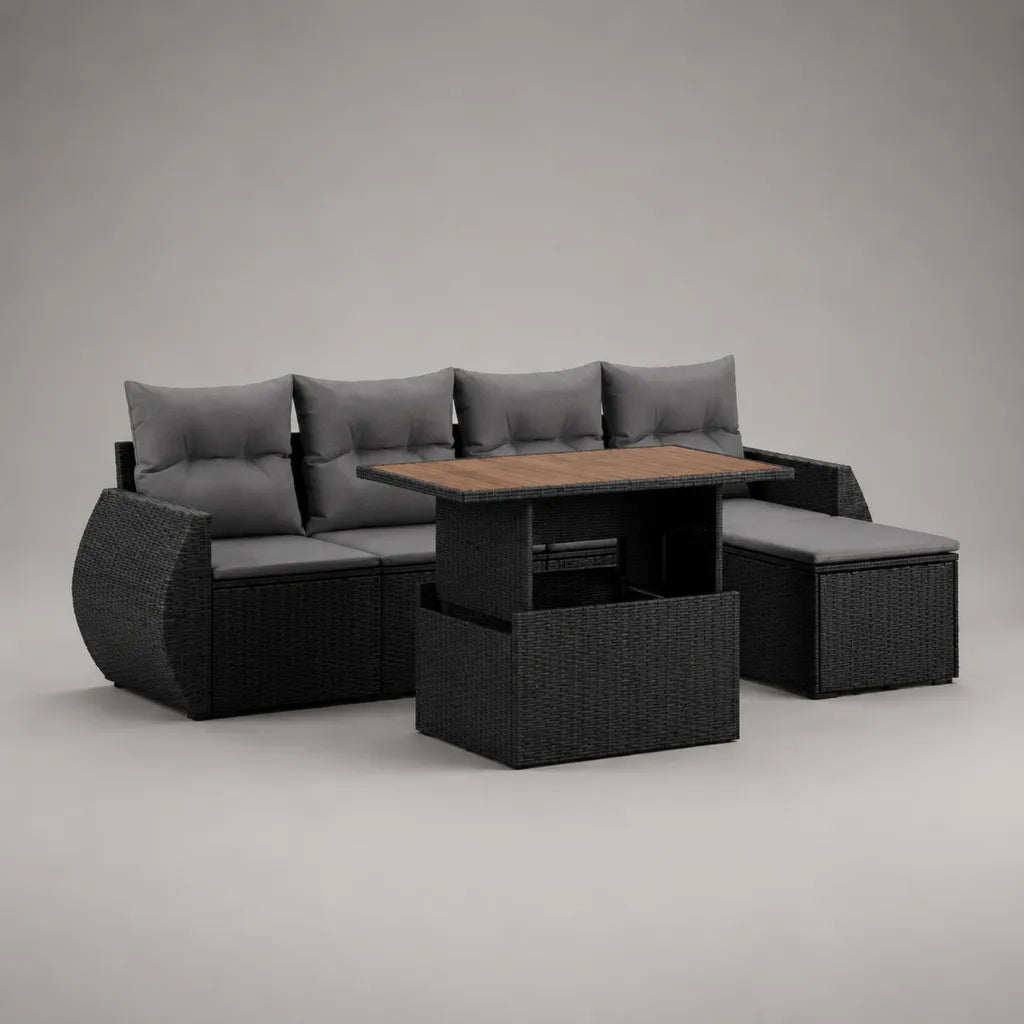 Salon de jardin extérieur 6 places avec canapé d’angle, table rectangulaire et 2 tabourets en résine tressée noire et polyester gris, 237 × 181 × 74 cm
